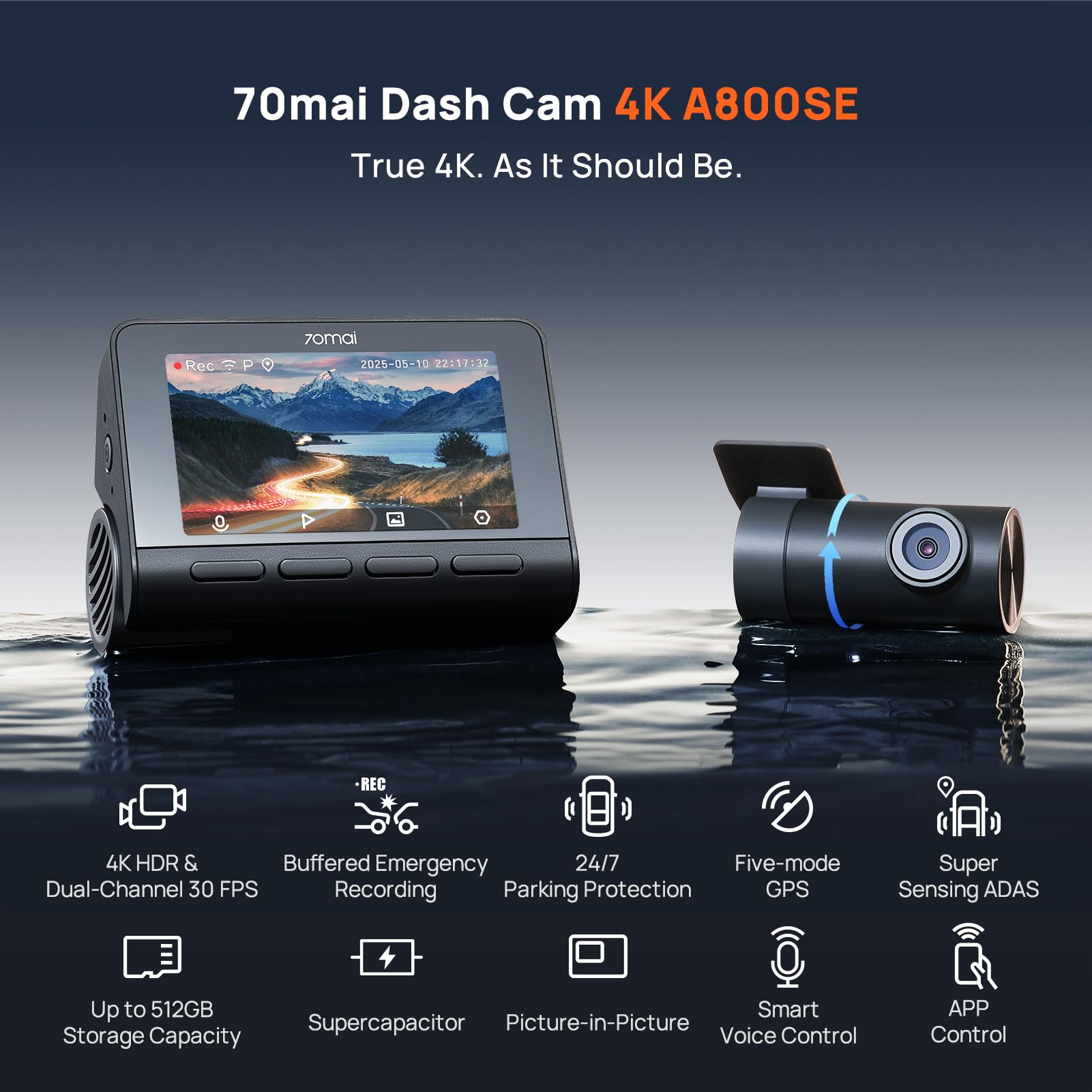 70mai A800SE Dashcam Car Front and Rear 4K UHD + 1080P Dash Cam